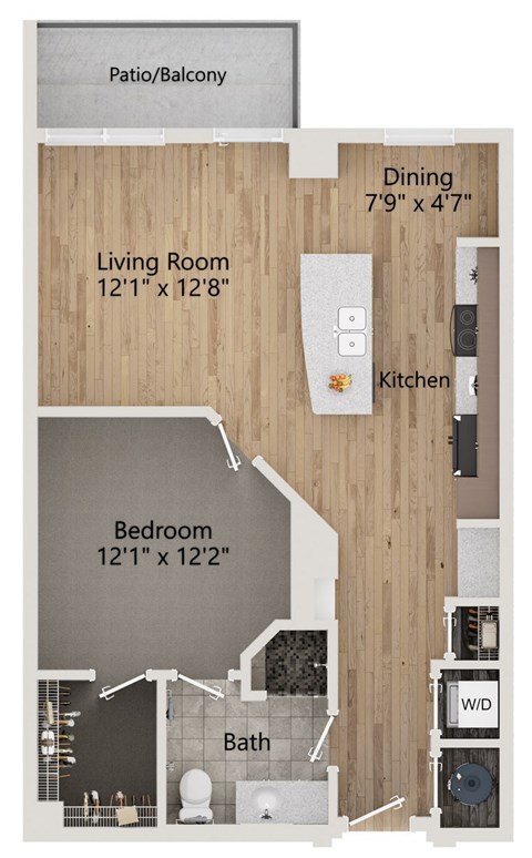 A floor plan of a small apartment with a living room, dining area, kitchen, bedroom, bathroom, and patio/balcony.